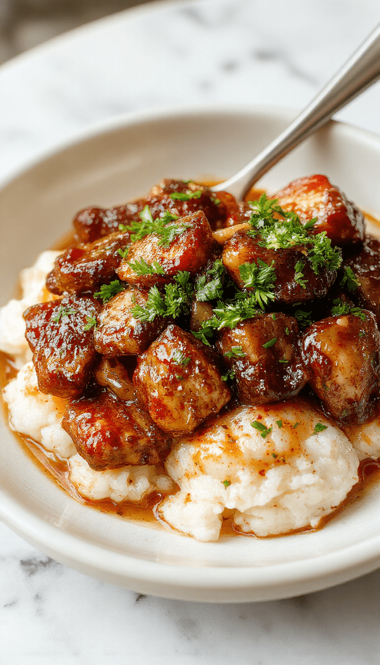 A vibrant plate featuring caramelized soy chicken glazed with a rich sauce, served atop fluffy white rice. The dish is garnished with chopped green onions and sesame seeds, with a side of clear garlic ginger broth in a rustic bowl. The presentation emphasizes the glistening chicken, contrasting textures, and aromatic herbs, styled on a wooden table with fresh ginger and garlic in the background.