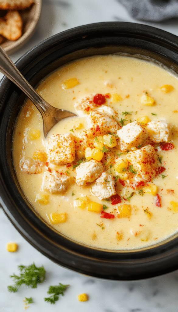 A steaming bowl of creamy chicken corn chowder garnished with chopped green onions and fresh parsley, served on a rustic wooden table with a spoon. The chowder showcases a vibrant yellow corn color combined with tender chunks of shredded chicken and bits of diced vegetables, creating an inviting and hearty presentation.