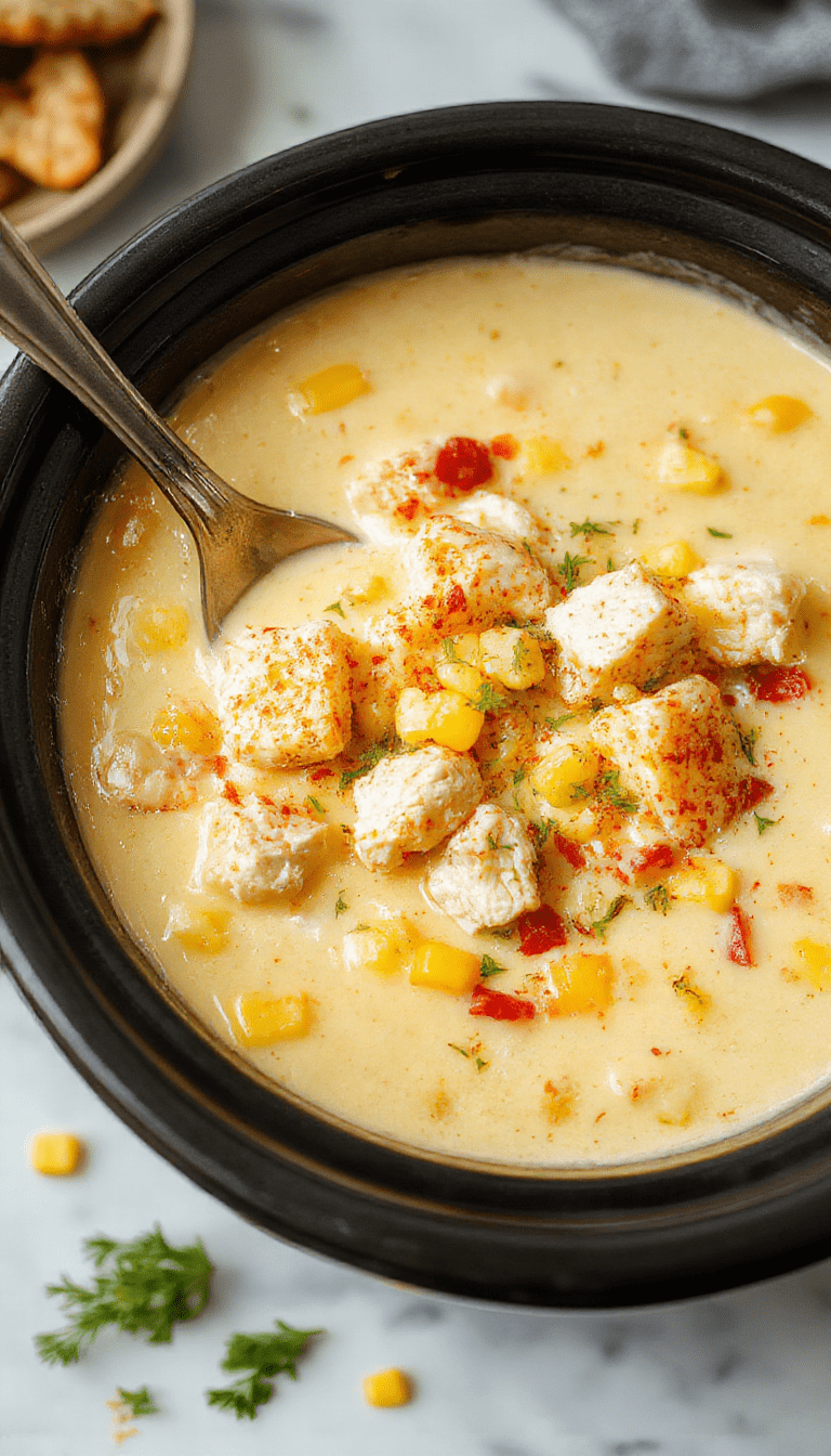 A steaming bowl of creamy chicken corn chowder garnished with chopped green onions and fresh parsley, served on a rustic wooden table with a spoon. The chowder showcases a vibrant yellow corn color combined with tender chunks of shredded chicken and bits of diced vegetables, creating an inviting and hearty presentation.