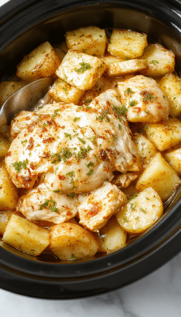 A rustic white plate featuring tender shredded chicken and roasted potatoes, drizzled with creamy garlic Parmesan sauce, garnished with fresh herbs, styled on a wooden table with a soft-focus background.