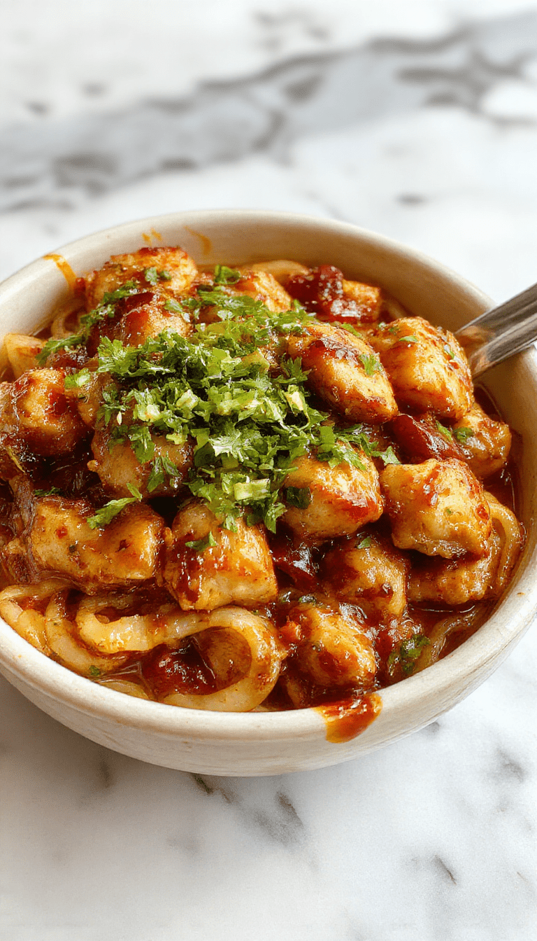 A vibrant plate of garlic chicken noodles featuring golden-brown chicken pieces coated in glossy garlic sauce, nestled among steaming soft noodles. Garnished with finely chopped green onions and sesame seeds, the dish is plated on a white ceramic dish with a rustic wooden background, highlighting the rich textures and savory appeal.