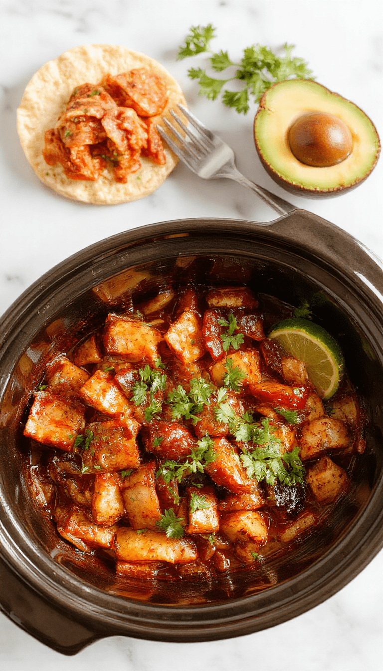 Colorful crockpot fajitas featuring tender sliced bell peppers, onions, and marinated beef or chicken in a rustic ceramic crockpot. The vibrant vegetables are coated in spices, with steam gently rising, set against a cozy kitchen backdrop with neatly arranged ingredients and a wooden spoon.