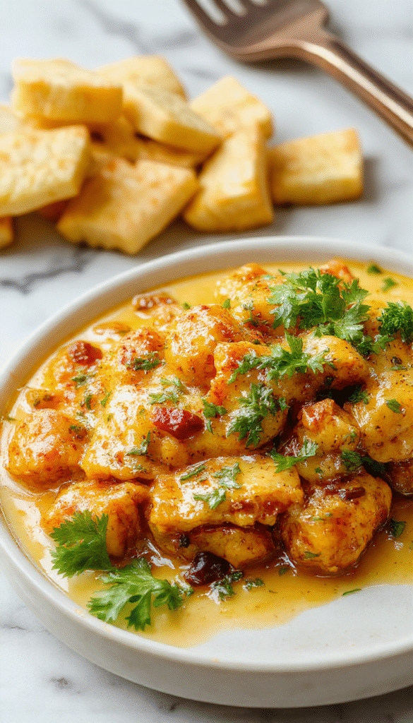A vibrant bowls of homemade butter chicken featuring creamy orange sauce with tender chicken pieces garnished with fresh cilantro, served alongside fluffy white rice on a rustic wooden table styled with a lime wedge and aromatic spices, evoking a warm and inviting dinner scene.