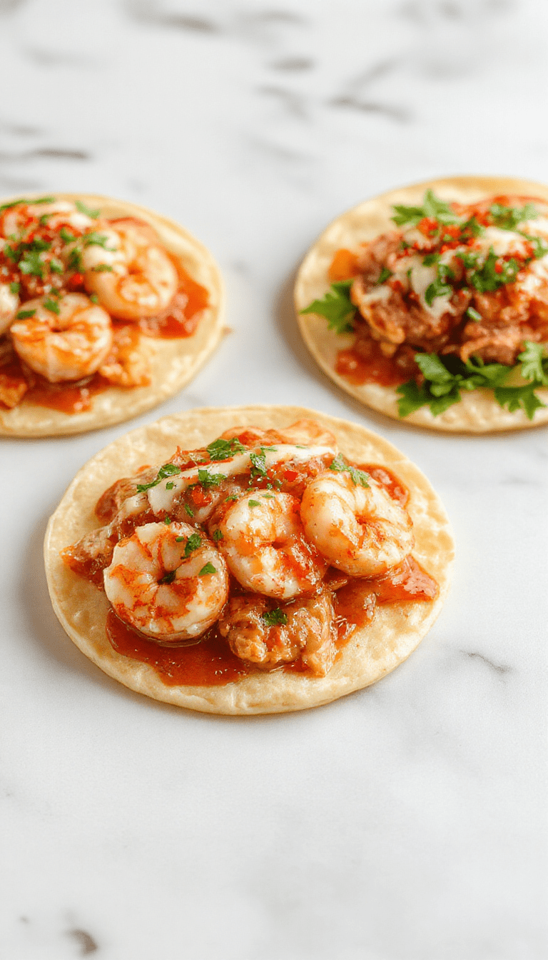 A vibrant plate of easy shrimp tacos garnished with fresh cilantro and lime wedges, showing crispy corn tortillas filled with juicy sautéed shrimp, colorful slaw, and a drizzle of creamy sauce, all styled on a rustic wooden table with bright natural lighting.