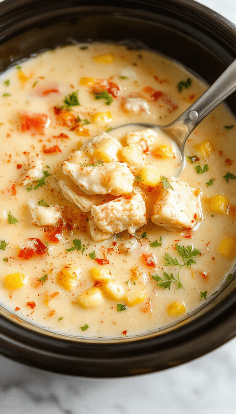 A warm bowl of chicken corn chowder garnished with fresh herbs, served on a rustic wooden table. The chowder is thick with tender chicken, sweet corn kernels, and creamy broth, topped with chopped green onions and a sprinkle of pepper. The vibrant yellow of the corn contrasts with the white soup, and a spoon is ready to take a spoonful, evoking comfort and homestyle cooking.