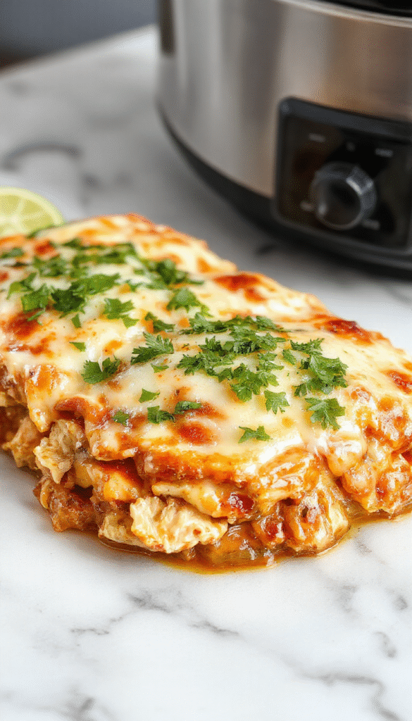 A vibrant plate showcasing a golden-brown chicken enchilada casserole garnished with fresh cilantro and melted cheese, served alongside scoops of the savory dish in a rustic bowl with a colorful background highlighting the creamy, cheesy textures and seasoned chicken.