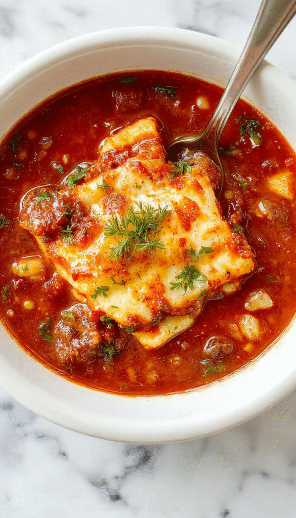 A vibrant bowl of lasagna soup featuring layers of melted cheese, plump meatballs, and cooked pasta garnished with fresh basil, served in a rustic white bowl on a wooden surface with a spoon placed beside it, colorful ingredients visible in the background, creating an appetizing and inviting scene with steam rising from the hot soup.