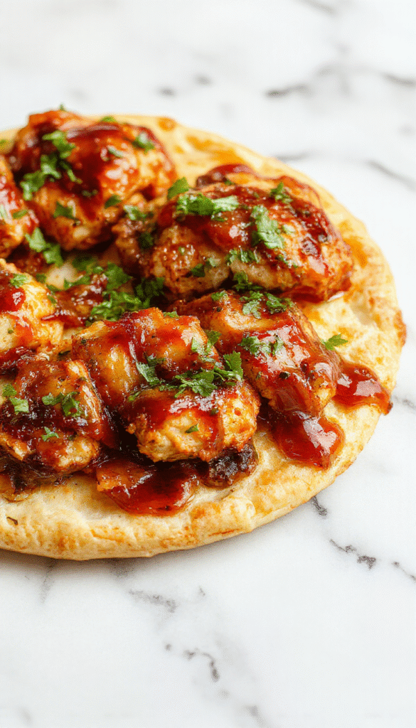 Vibrant flatbread topped with juicy grilled BBQ chicken, melted cheese, fresh green cilantro, and a drizzle of barbecue sauce. The golden crust is crispy and inviting, garnished with diced red onions and chopped herbs, all presented on a rustic wooden board with a colorful side salad.