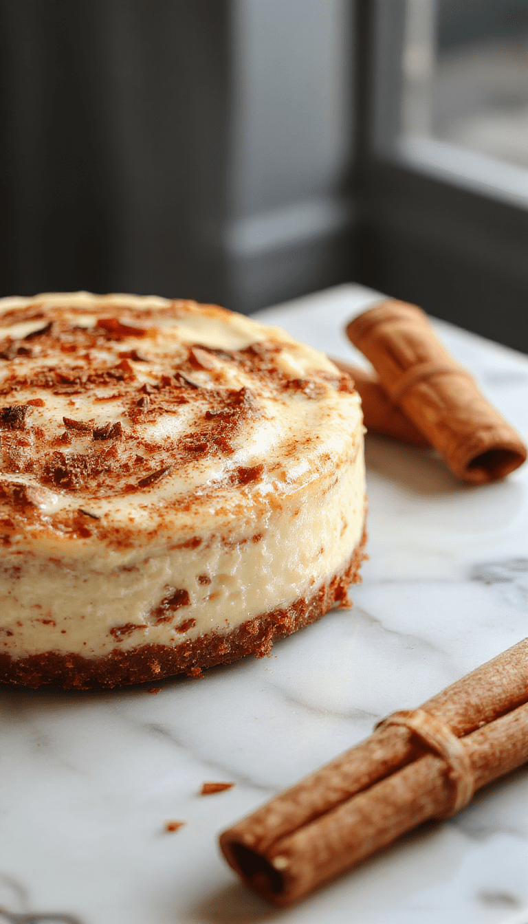 A rich cinnamon cheesecake topped with a swirl of cinnamon sugar and garnished with a dusting of powdered sugar. The cheesecake is presented on a rustic wooden platter with a golden-brown crust visible at the edges. The background features a soft-focus, cozy kitchen setting with warm lighting, emphasizing the creamy, textured surface and inviting appearance of the dessert.