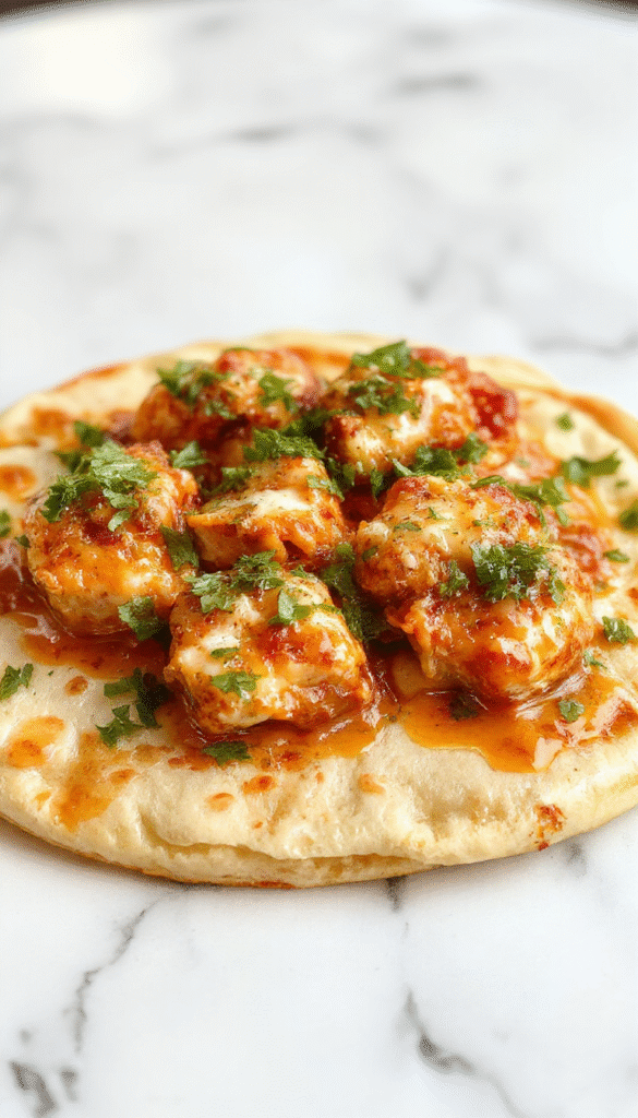 A rectangular flatbread topped with vibrant buffalo sauce-coated shredded chicken, melted cheese, and chopped green onions, vibrant red hot sauce drizzled on top, all arranged on a rustic wooden platter with fresh herbs and a side of blue cheese dressing, colorful and inviting.