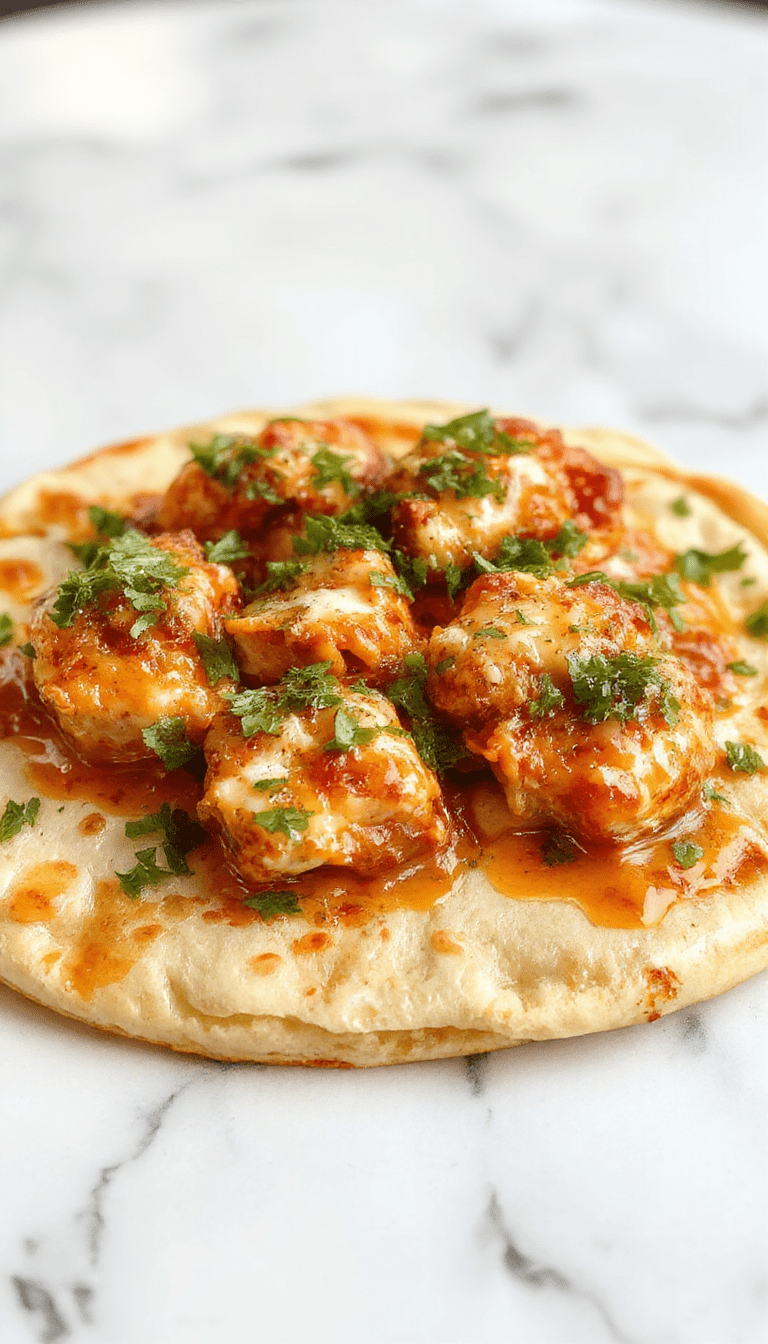 A rectangular flatbread topped with vibrant buffalo sauce-coated shredded chicken, melted cheese, and chopped green onions, vibrant red hot sauce drizzled on top, all arranged on a rustic wooden platter with fresh herbs and a side of blue cheese dressing, colorful and inviting.