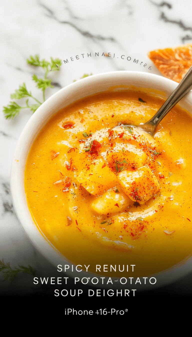 A vibrant bowl of spicy butternut squash and sweet potato soup garnished with fresh cilantro and a drizzle of coconut cream, served in a rustic bowl on a wooden table with warm lighting highlighting the rich orange and deep hues of the soup, accompanied by crusty bread slices and a sprig of herbs.