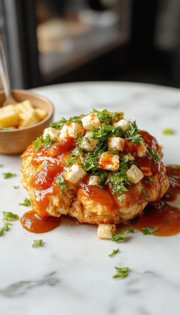 A vibrant plate of honey glazed feta-topped chicken breasts with a drizzle of spicy honey, garnished with fresh herbs, served on a rustic wooden board with side vegetables, showcasing the golden-brown crispy exterior and creamy feta topping, with a splash of honey and herbs adding color and texture.