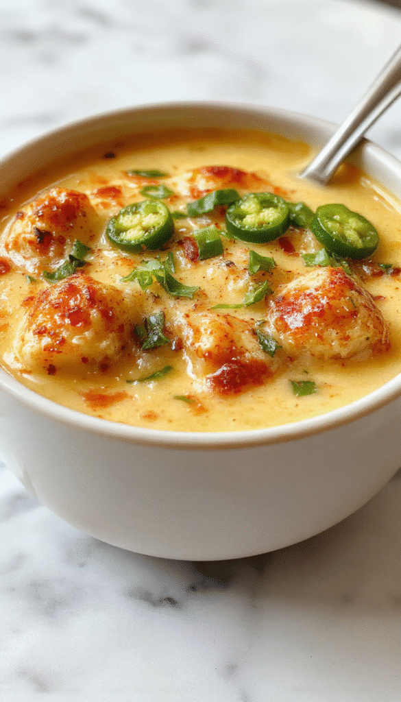 A vibrant bowl of jalapeno popper soup featuring creamy, cheesy broth garnished with chopped fresh jalapenos, crispy bacon bits, and shredded cheddar cheese, served in a rustic white bowl on a wooden table with a sprig of parsley.