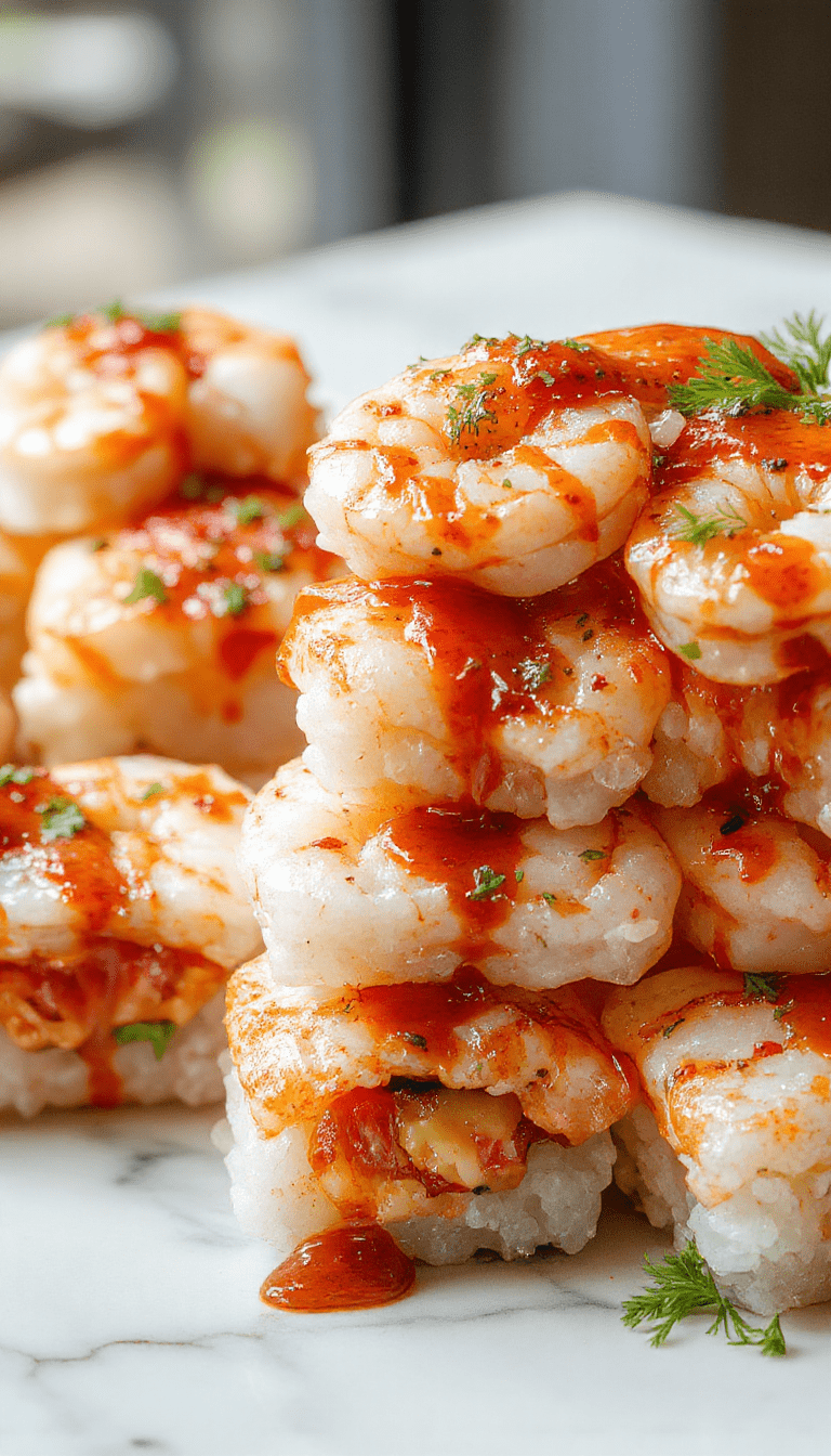 Colorful sushi stacks featuring vibrant orange cooked shrimp, creamy white rice, and green avocado slices layered neatly on a white plate, garnished with bright pink pickled ginger and black sesame seeds, styled with a glossy glaze and a decorative drizzle of spicy mayo.