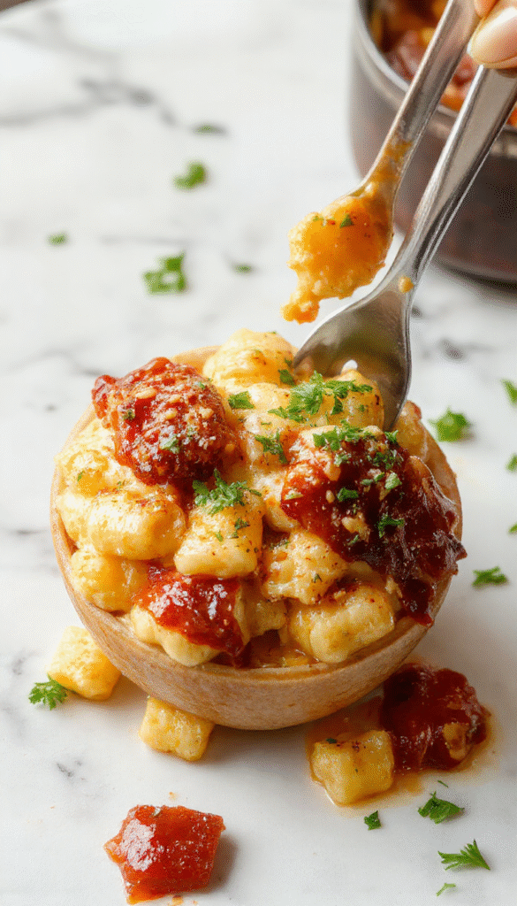A vibrant plate featuring creamy mac and cheese topped with shredded BBQ chicken, garnished with chopped green onions and cilantro, served on a rustic wooden table with a splash of barbecue sauce around the edges