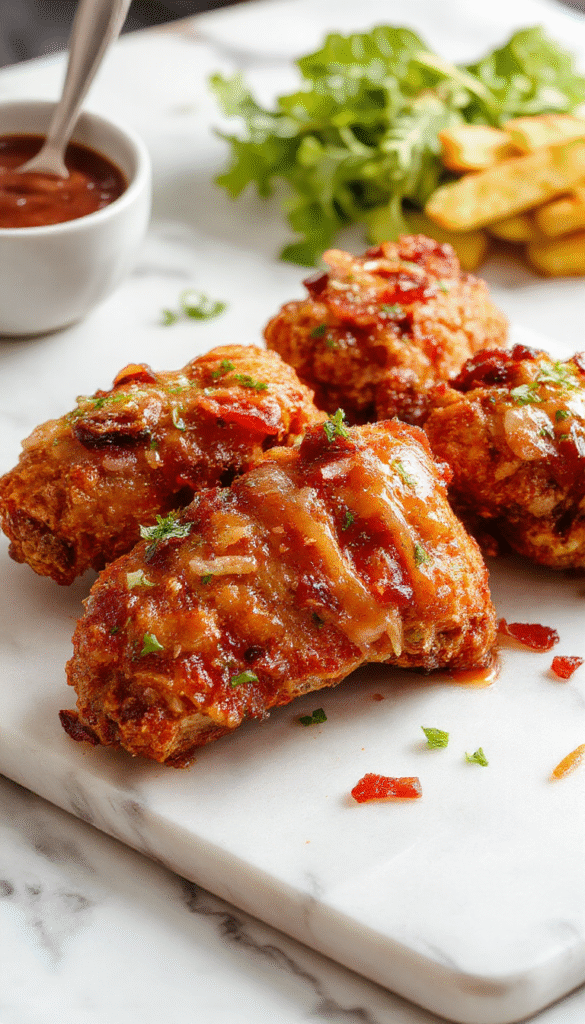 Colorful close-up of crispy chicken tenders glazed with a glossy brown sugar and bacon coating, garnished with fresh herbs, served on a rustic white plate with a drizzle of sauce, showcasing textures of tender meat and caramelized bacon bits, styled with a background of wooden table and vibrant side dishes.