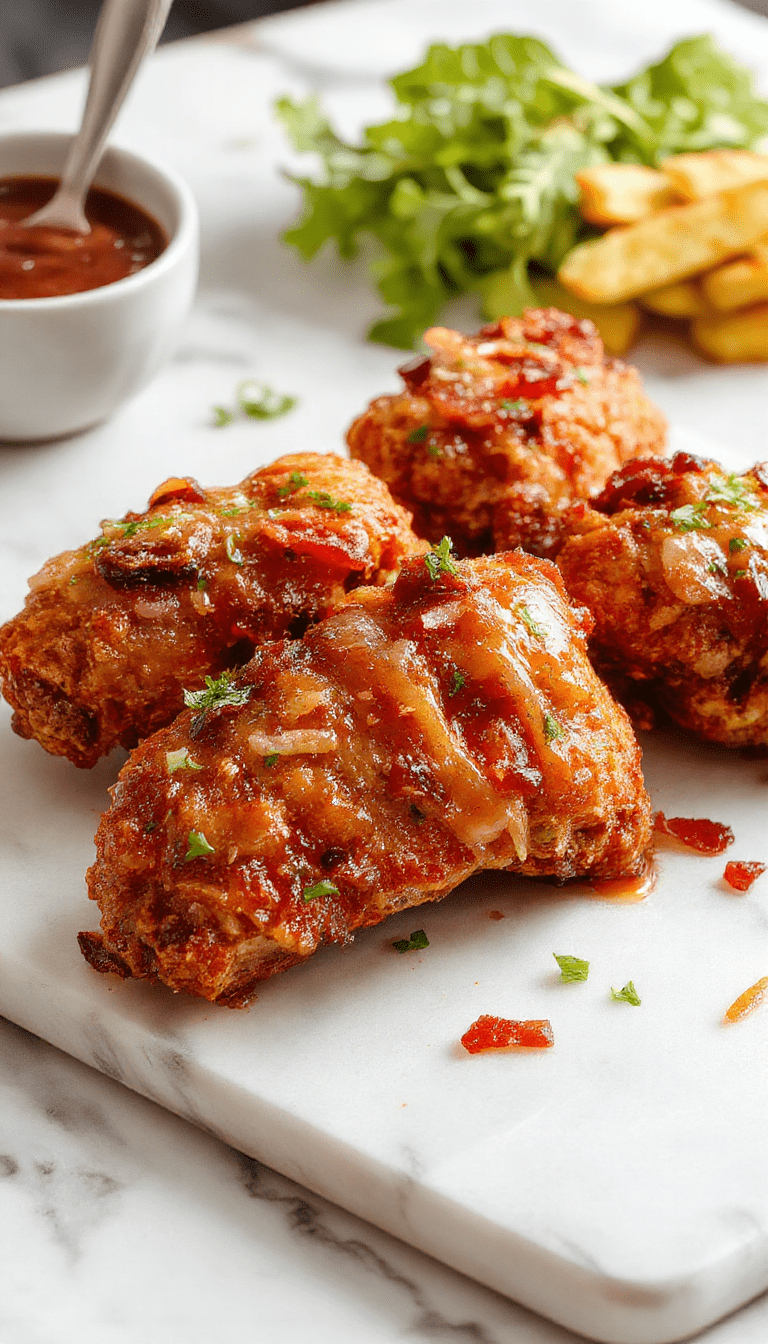 Colorful close-up of crispy chicken tenders glazed with a glossy brown sugar and bacon coating, garnished with fresh herbs, served on a rustic white plate with a drizzle of sauce, showcasing textures of tender meat and caramelized bacon bits, styled with a background of wooden table and vibrant side dishes.
