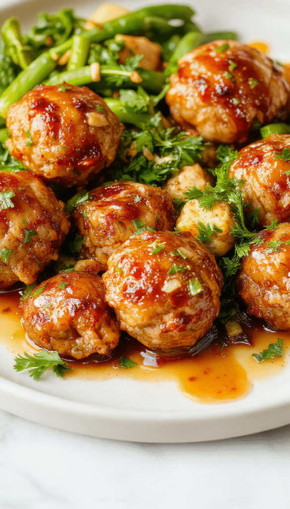 A close-up of glossy golden-brown turkey meatballs glazed with honey and chopped garlic, arranged on a white plate garnished with fresh herbs, with a drizzle of honey and a sprinkle of minced garlic, set against a rustic wooden background with vibrant green garnish and a side of steamed vegetables