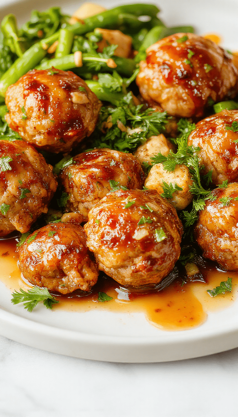 A close-up of glossy golden-brown turkey meatballs glazed with honey and chopped garlic, arranged on a white plate garnished with fresh herbs, with a drizzle of honey and a sprinkle of minced garlic, set against a rustic wooden background with vibrant green garnish and a side of steamed vegetables