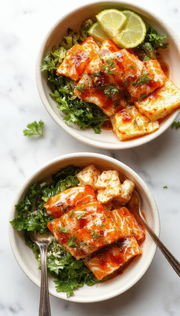 Colorful salmon bowls featuring glazed salmon fillets drizzled with honey sriracha sauce, accompanied by fresh vegetables and rice, arranged on a rustic wooden platter with garnishes of sesame seeds and green onions, styled for a vibrant and appetizing view.