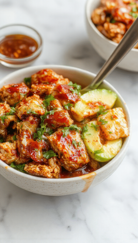 Colorful hot honey chicken bowl featuring golden-brown chicken topped with a glossy, spicy honey glaze. The bowl is garnished with chopped green onions and sesame seeds, served on a rustic wooden platter with vibrant vegetables around, highlighting the crispy texture and saucy glaze of the chicken.