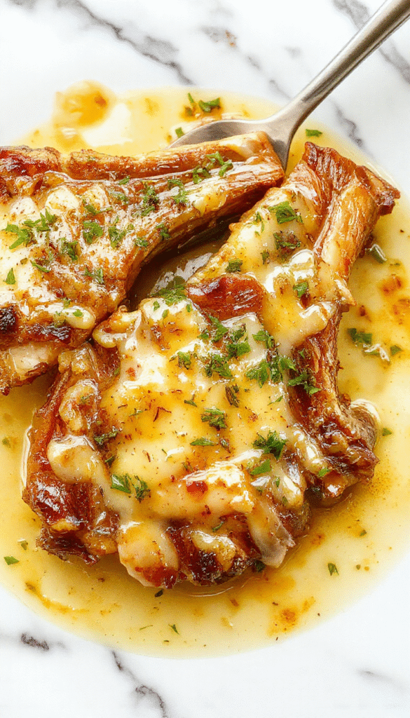 A close-up of golden-brown pork chops smothered in creamy garlic Parmesan sauce, garnished with chopped parsley on a rustic wooden plate, with a side of steamed vegetables and crusty bread in the background, vibrant and appetizing with rich textures.
