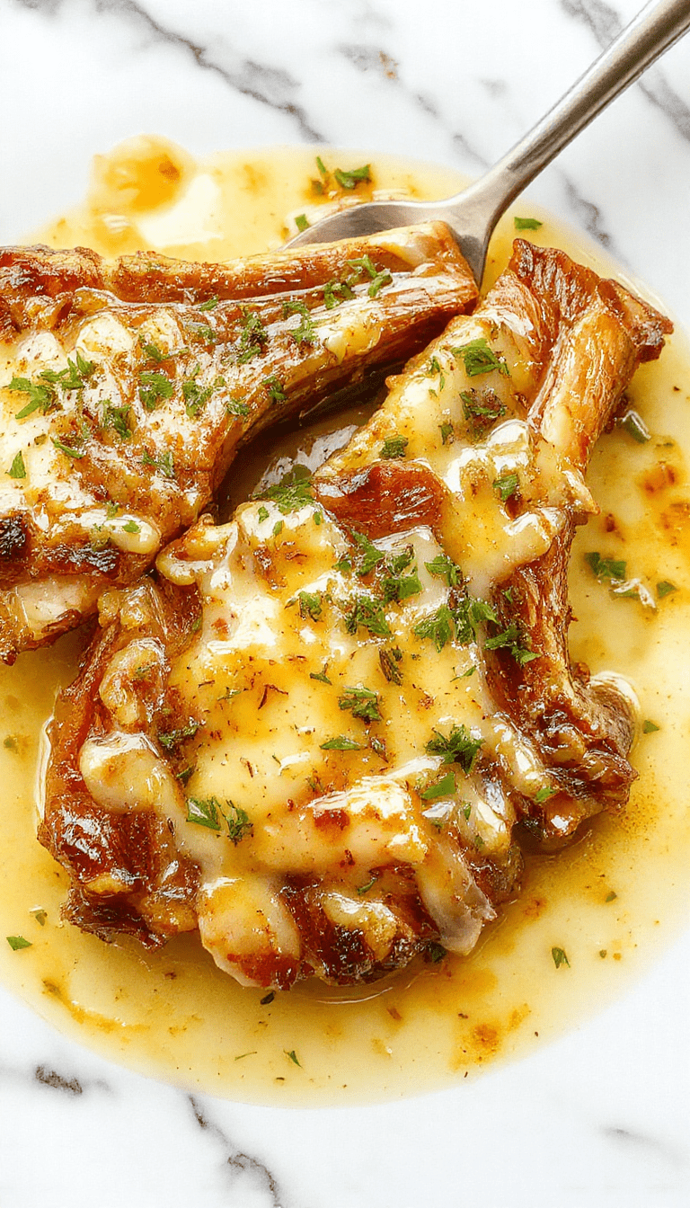 A close-up of golden-brown pork chops smothered in creamy garlic Parmesan sauce, garnished with chopped parsley on a rustic wooden plate, with a side of steamed vegetables and crusty bread in the background, vibrant and appetizing with rich textures.