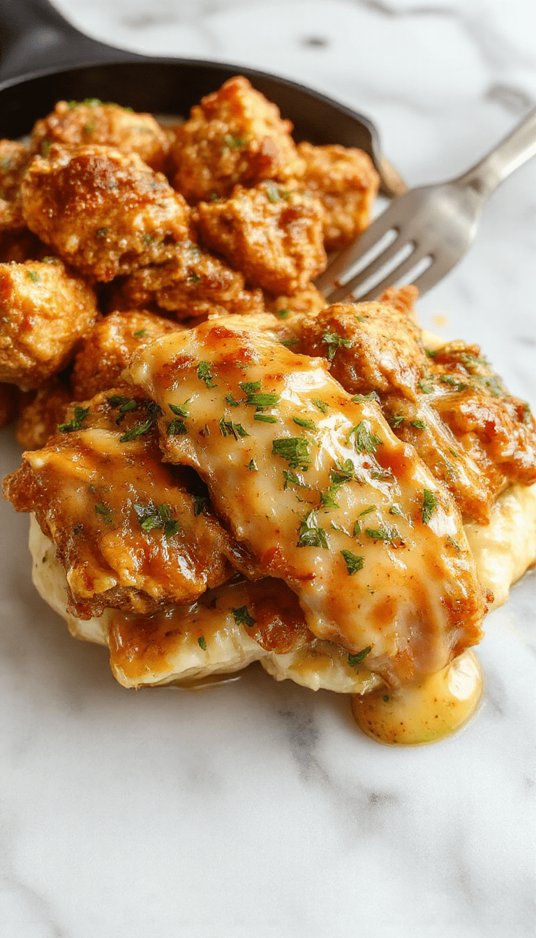 Colorful butter chicken skillet plated in a rustic cast iron skillet, featuring tender golden-brown chicken coated in creamy butter sauce, garnished with fresh herbs, with a side of steamed vegetables and fluffy rice. The dish displays a rich, glossy sauce contrasting with the vibrant green herbs, served on a wooden table with natural lighting highlighting textures and colors.
