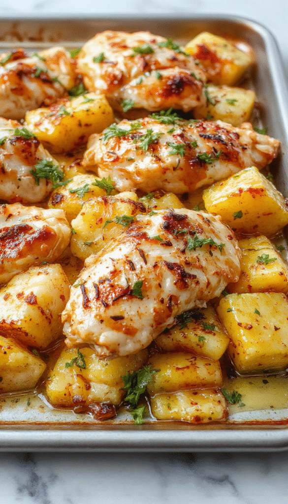 Colorful sheet pan meal featuring golden roasted chicken pieces topped with juicy pineapple chunks, bright red and green bell peppers, and caramelized edges, all arranged beautifully on a rustic white platter garnished with fresh herbs