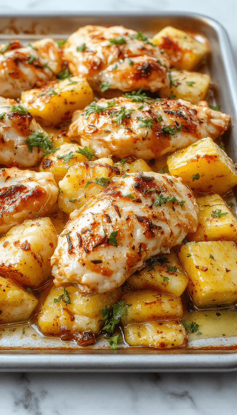 Colorful sheet pan meal featuring golden roasted chicken pieces topped with juicy pineapple chunks, bright red and green bell peppers, and caramelized edges, all arranged beautifully on a rustic white platter garnished with fresh herbs