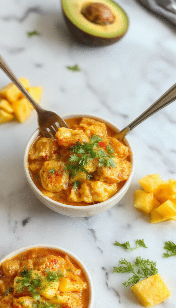 A vibrant plate featuring tender chicken pieces coated in a rich, bright orange mango curry sauce. Garnished with fresh cilantro and served alongside fluffy white rice, the dish is styled on a rustic wooden table with colorful mango slices and curry herbs scattered around, showcasing a glossy, inviting texture with hints of red chili and fresh herbs.