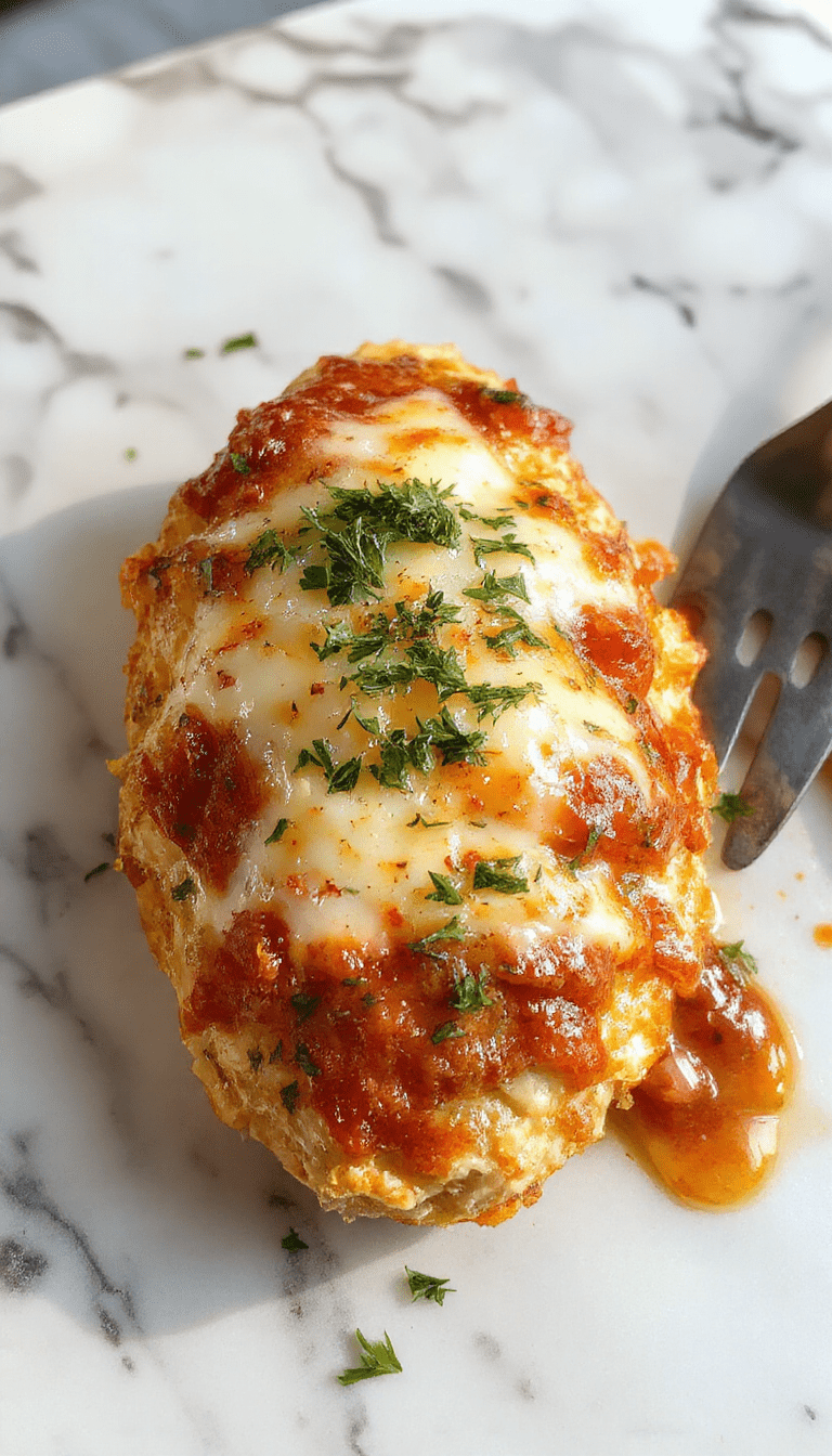 A golden-brown baked chicken parmesan topped with melted mozzarella and marinara sauce, served on a white plate garnished with fresh basil, with a crispy breadcrumb crust visible and a drizzle of sauce for accent.