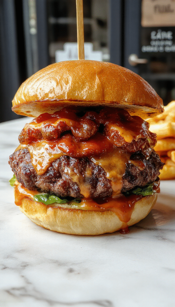 A close-up of crack burgers featuring perfectly grilled beef patties topped with melted cheese, crispy bacon, fresh lettuce, tomato slices, and stacked on toasted buns with a glossy finish, all arranged on a rustic wooden platter with condiments and a side of crispy fries.