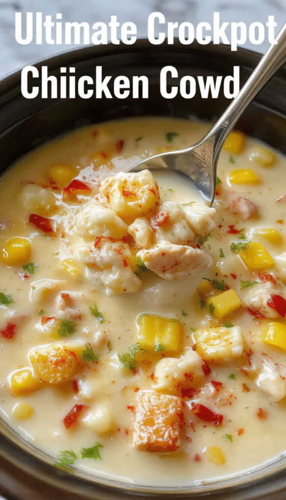 A warm bowl of chicken corn chowder topped with chopped green herbs, surrounded by fresh corn, tender chicken pieces, and crispy bacon strips, with steam rising in a cozy kitchen setting, featuring rustic wooden bowls and a creamy, textured soup.
