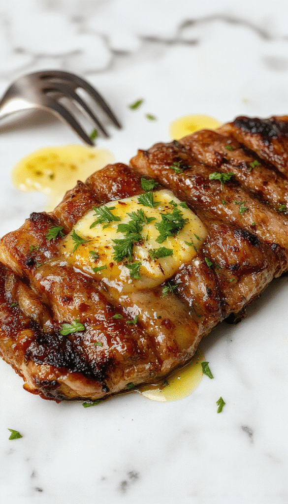A perfectly cooked medium-rare beef steak glazed with rich garlic butter on a white ceramic plate, garnished with fresh parsley, with a side of roasted vegetables and a crispy golden crust, styled elegantly with a rustic wooden background.