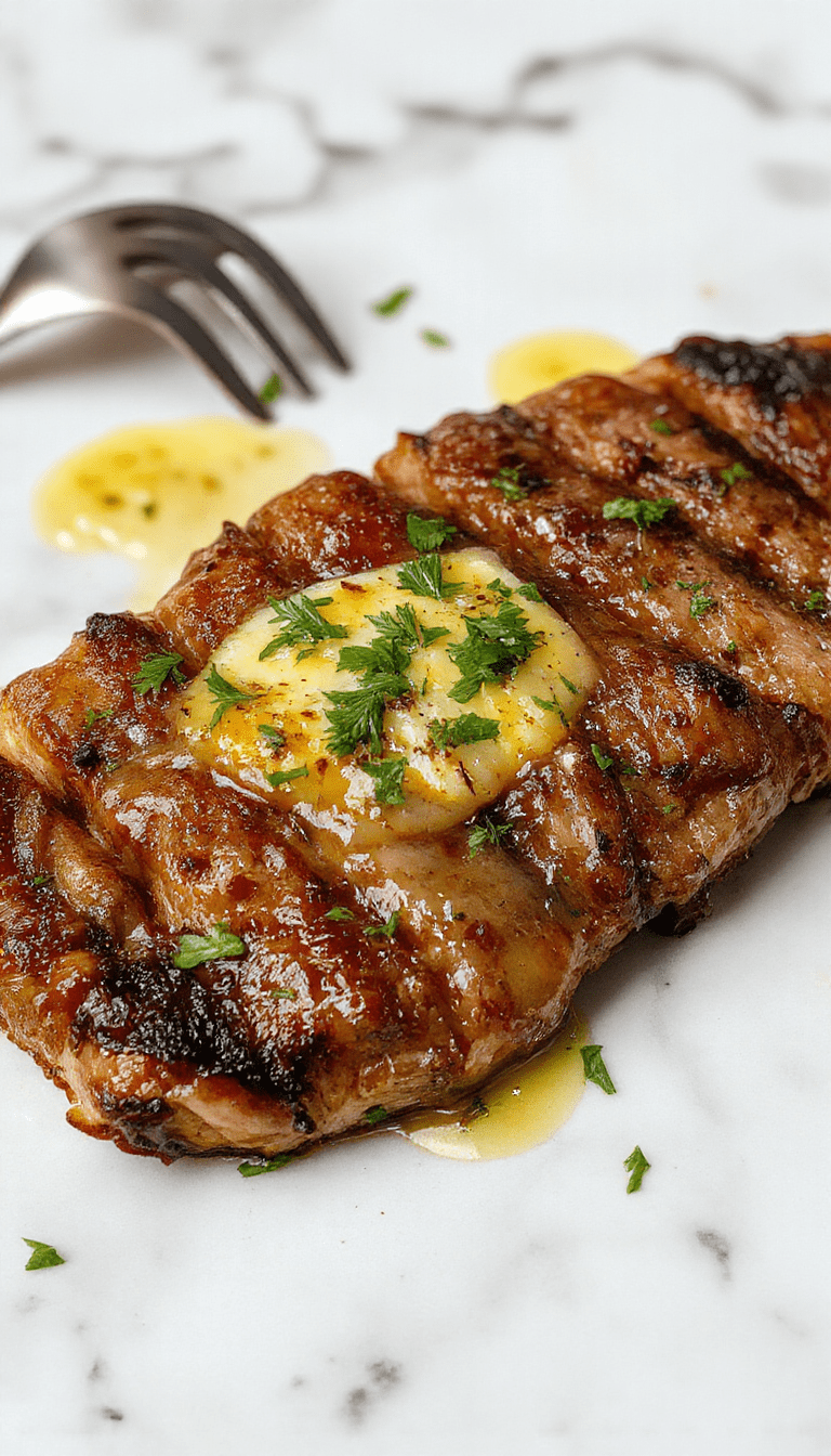 A perfectly cooked medium-rare beef steak glazed with rich garlic butter on a white ceramic plate, garnished with fresh parsley, with a side of roasted vegetables and a crispy golden crust, styled elegantly with a rustic wooden background.