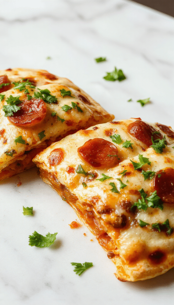 A close-up of a golden-brown pizzadilla topped with melted cheese, slices of pepperoni, and vibrant herbs, served on a rustic wooden plate with a crispy texture visible.