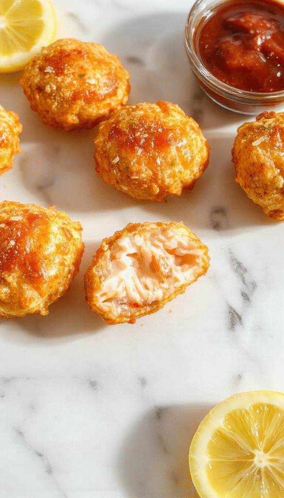 Colorful plate of crispy golden lemon chicken bites garnished with fresh lemon slices and herbs, arranged neatly on a white ceramic dish with a lightly textured rustic background, showcasing a glossy, juicy interior and crispy exterior.