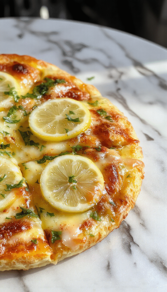 A vibrant lemon pizza topped with fresh green herbs, thinly sliced lemon rounds, and a golden, crispy crust. The pizza is garnished with sprigs of parsley and basil, placed on a rustic wooden board with a drizzle of olive oil, showcasing bright colors and inviting textures.