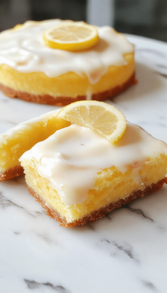 A vibrant Lemon Sponge Pie showcasing a golden, fluffy sponge crust topped with a glossy lemon glaze, garnished with fresh lemon slices and mint leaves, set on a rustic white plate with a light wooden background