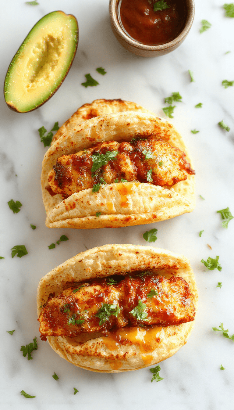 Colorful mini baked chicken tacos arranged neatly on a rustic white plate, topped with fresh cilantro, melted cheese, and sliced jalapenos, with a side of lime wedges and a vibrant striped cloth napkin in the background