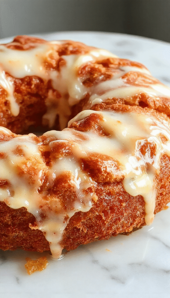 A slice of moist apple cider pound cake with a golden-brown crust, topped with caramelized apple slices and a dusting of powdered sugar, plated on a rustic wooden surface with autumn leaves in the background.