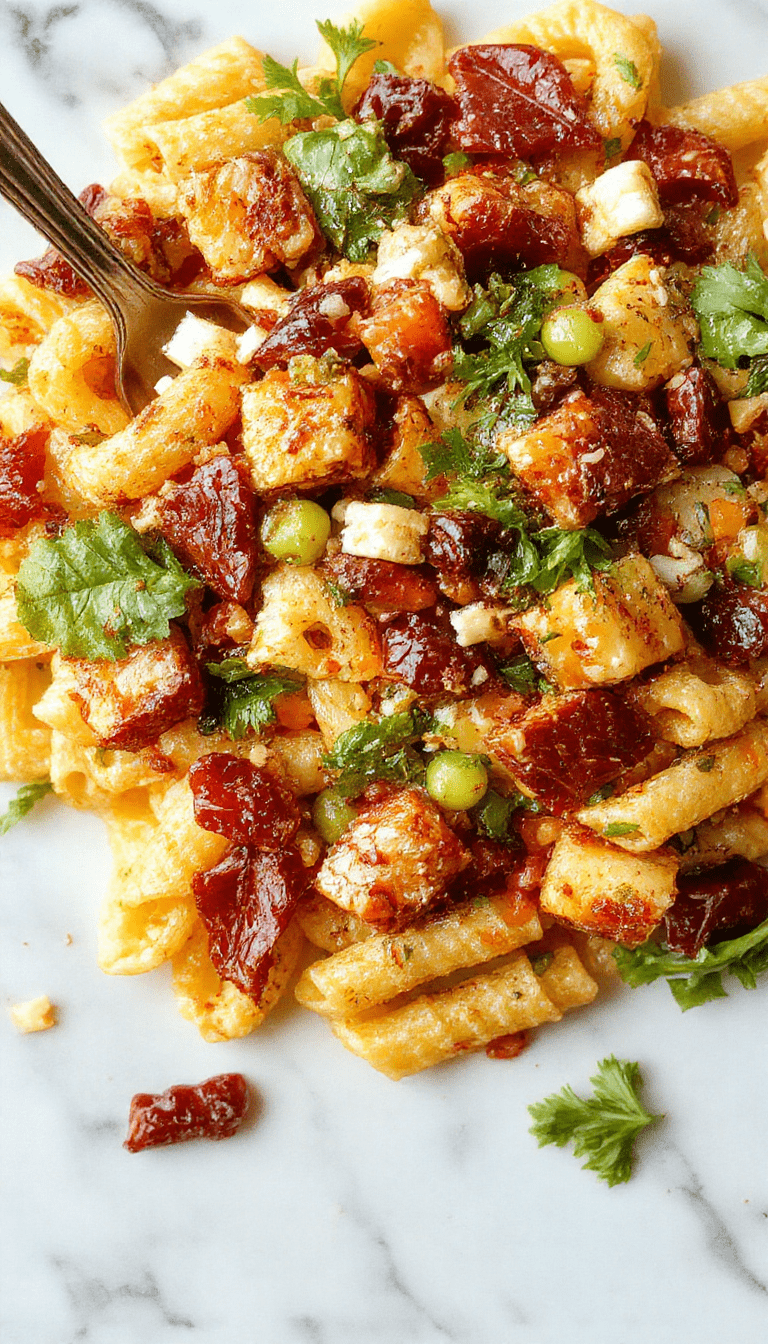 A vibrant fall harvest pasta salad featuring spiral pasta mixed with colorful chopped vegetables like red bell peppers, orange carrots, and green spinach, topped with crumbled feta cheese and fresh herbs. The salad is served in a clear glass bowl on a rustic wooden table, with a scattering of autumn leaves around, showcasing a fresh, appetizing texture and appealing presentation.
