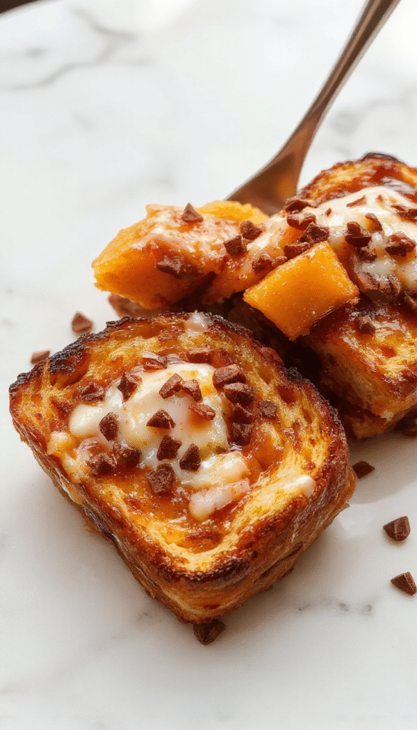 A vibrant plate of pumpkin French toast slices topped with whipped cream, caramelized pecans, and fresh cinnamon, all garnished with powdered sugar, set on a rustic wooden table with autumn leaves background, capturing warm fall colors and textures.