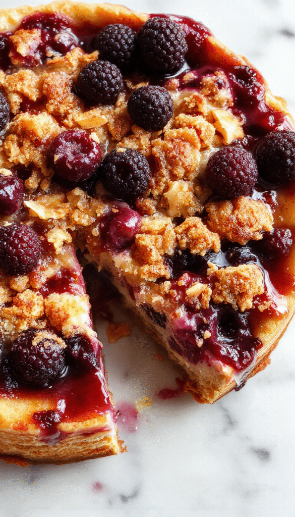 A vibrant blueberry crumble cheesecake with golden crumble topping, topped with fresh blueberries and mint leaves, sliced to reveal creamy layers, on a rustic wooden table with a light background