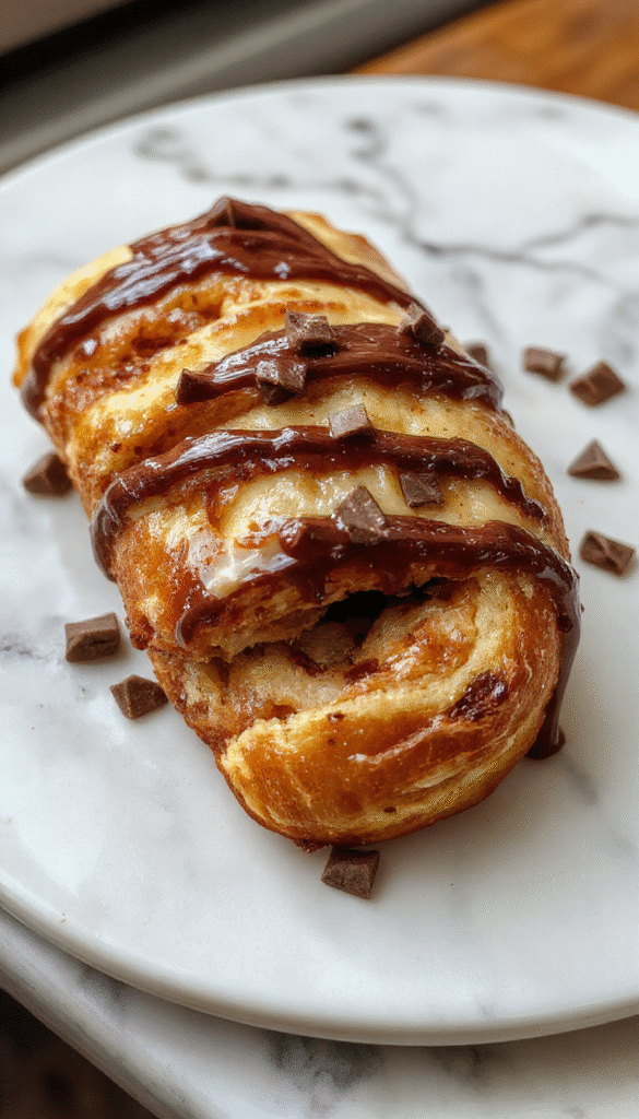 A golden-brown chocolate croissant breakfast bake served in a white ceramic dish, topped with powdered sugar and chocolate drizzle. The bake showcases flaky, buttery layers with melted chocolate oozing out, garnished with fresh berries and mint leaves. The presentation is inviting, with a rustic wooden table background highlighting the warm, indulgent dessert.