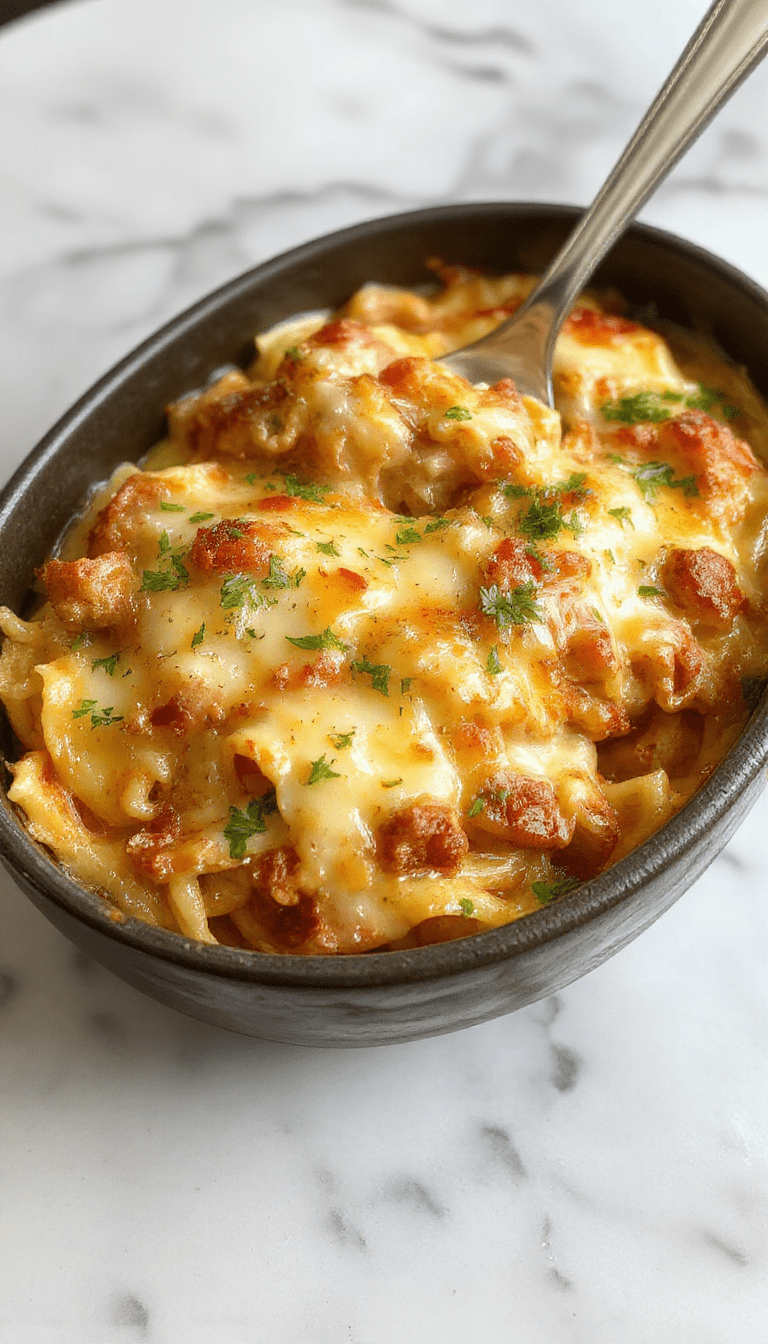 A close-up of a bubbling creamy southern spaghetti bake in a rustic white casserole dish. The golden-brown cheesy crust contrasts with the creamy, thick pasta and tender spaghetti noodles. Garnished with chopped parsley, the dish is set on a wooden table with a serving spoon, showcasing the rich textures and inviting aroma.