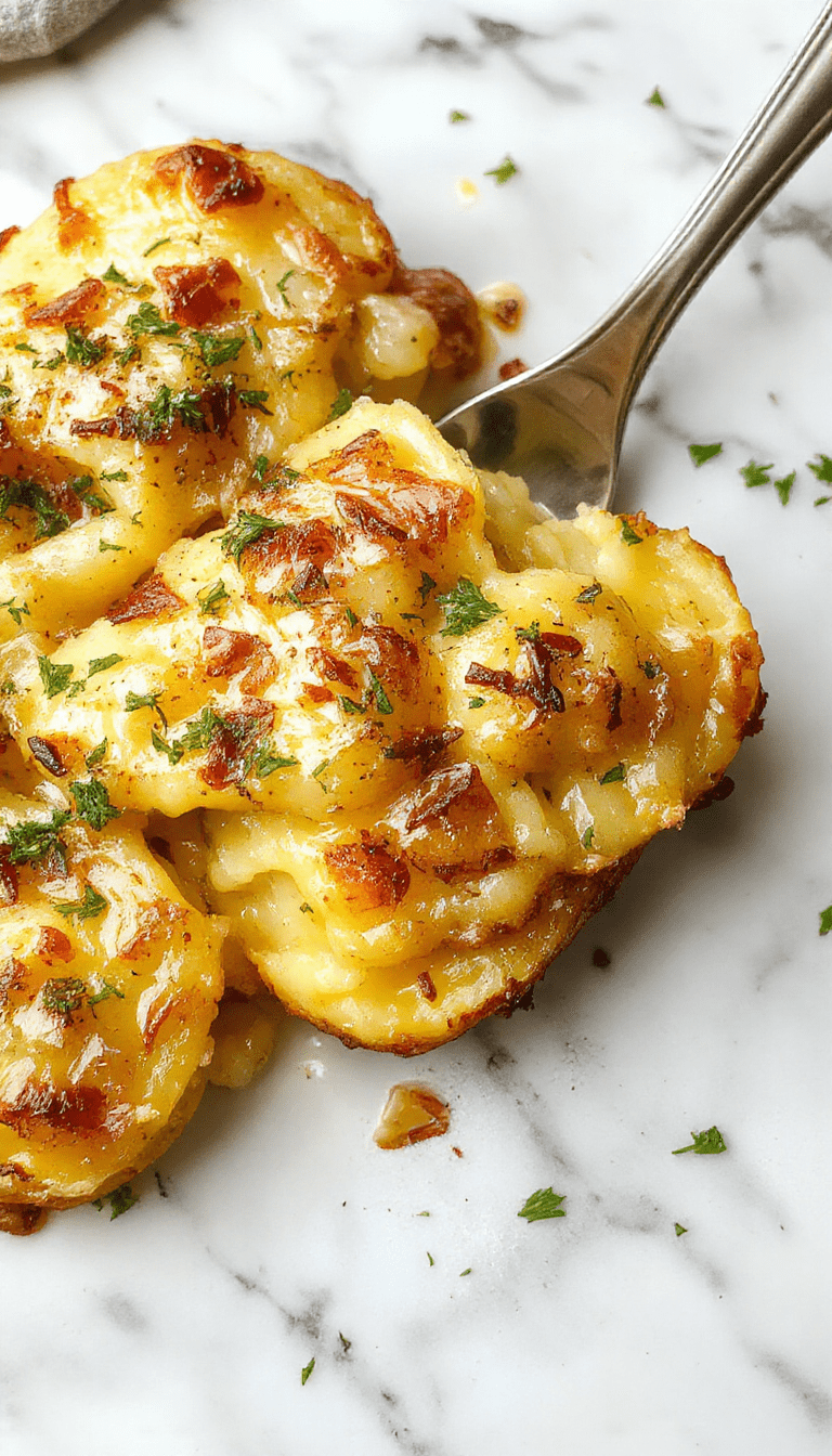 A golden-brown cheesy potato casserole topped with caramelized french onions and melted cheese, served in a rustic baking dish garnished with fresh herbs, showcasing its creamy interior and crispy edges.