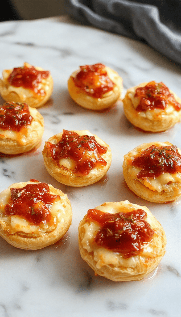 Colorful close-up of golden-brown cheesy thumbprint appetizers topped with bright red hot pepper jelly, arranged on a rustic white plate with a sprig of fresh herbs, highlighting the glossy jelly and crispy edges with a creamy filling contrasting the vibrant topping.